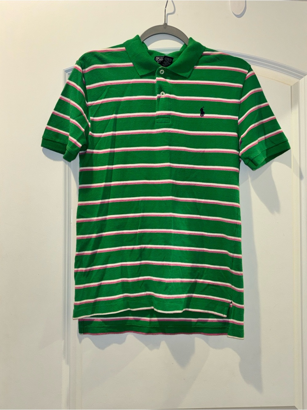 Ralph Lauren Green Polo with White & Pink Stripe Detail